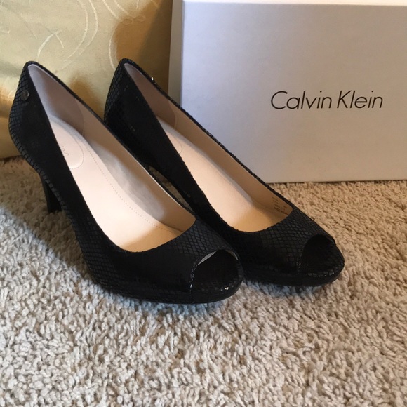 Calvin Klein Black Leather Peep-toe High Heels - Picture 2 of 12